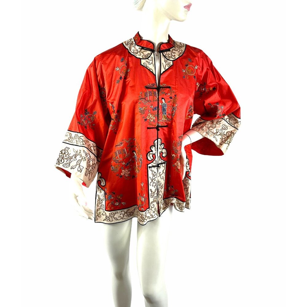 Vintage red silk Chinese jacket with Forbidden Stitch Peking Knot embroidery